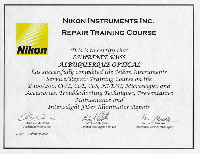 Nikon Microscope Service Certificate